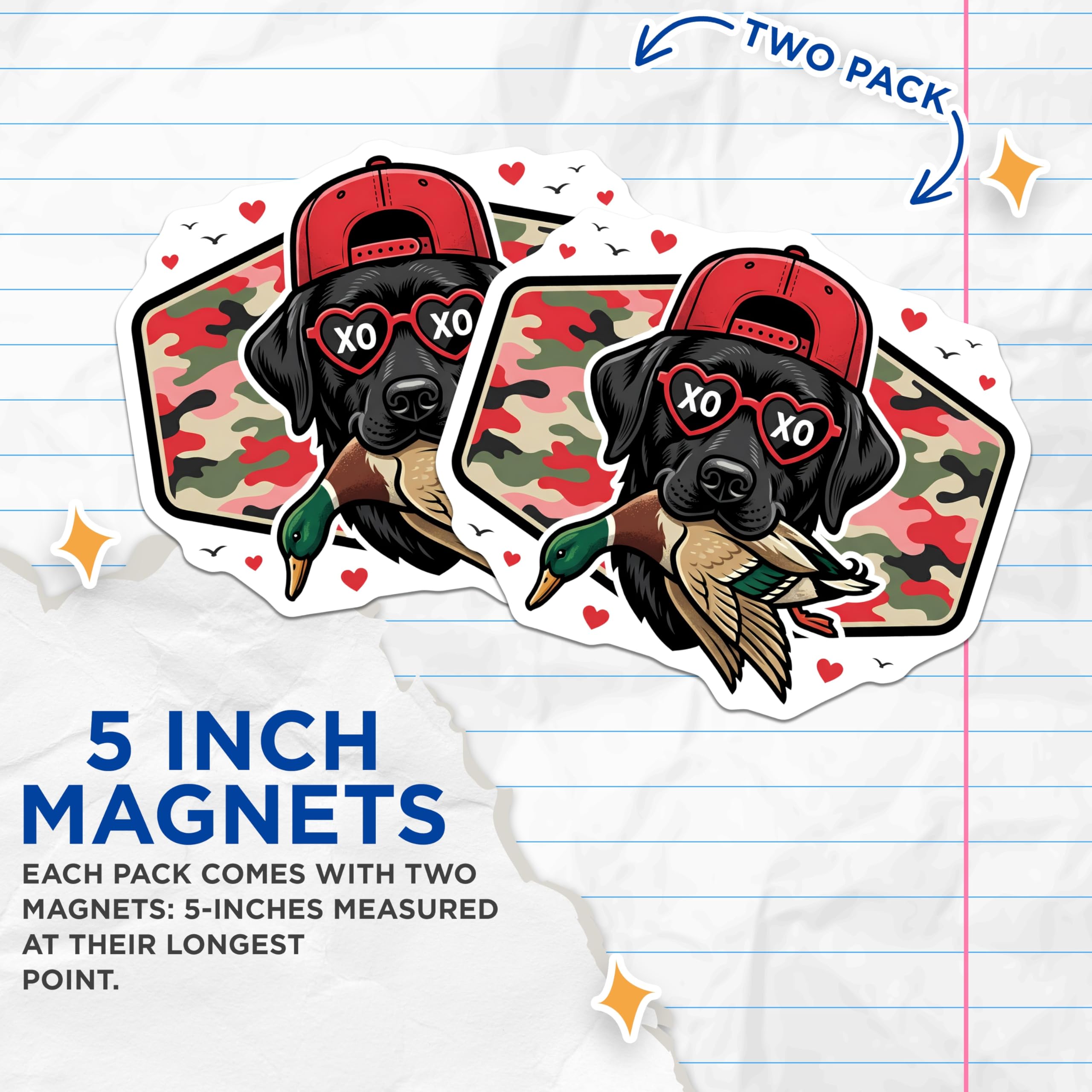 (2 Pack) Duck Hunting Dog Magnets - Camo Labrador XO Glasses - Refrigerator Car Home - 5" On Longest Side - Premium Magnet - for Cars, Refrigerators, Toolboxes, Lockers - Made in USA - MAG14010