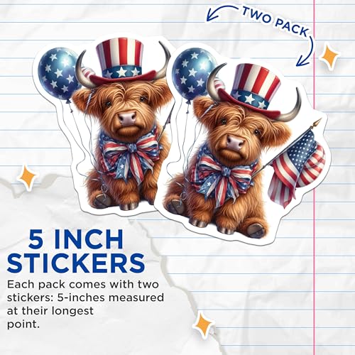 (2 Pack) Patriotic Highland Cow Stickers - American Flag - Independence Day Decoration - 5" On Longest Side - Sticks to Smooth Flat Surfaces - Made in USA - BMCS6351
