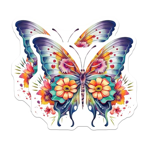 (2 Pack) Colorful Butterfly Stickers - Floral Butterfly Decals - Vibrant Floral Butterfly Stickers - 5" On Longest Side - Sticks to Smooth Flat Surfaces - Made in USA - BMCS3985