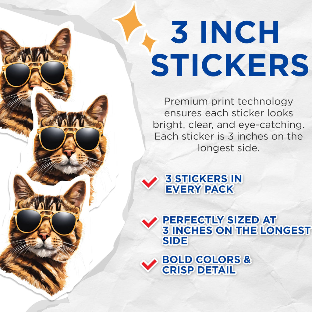 (3 Pack) Cool Cat Decals - Cat with Sunglasses - Laptop Decals - 3 Inches On Longest Side - Easy Peel & Apply - Made in USA - 3MCS2355