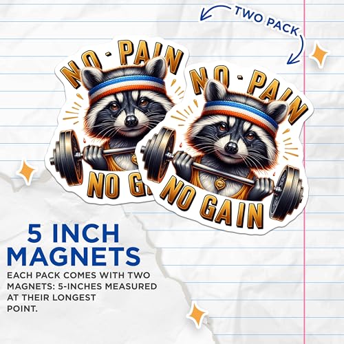 (2 Pack) No Pain No Gain Magnets - Funny Gym Motivational Magnets - Raccoon Weightlifting Art Magnets - 5" On Longest Side - for Cars, Fridges, Toolboxes - Made in USA - MAG4531