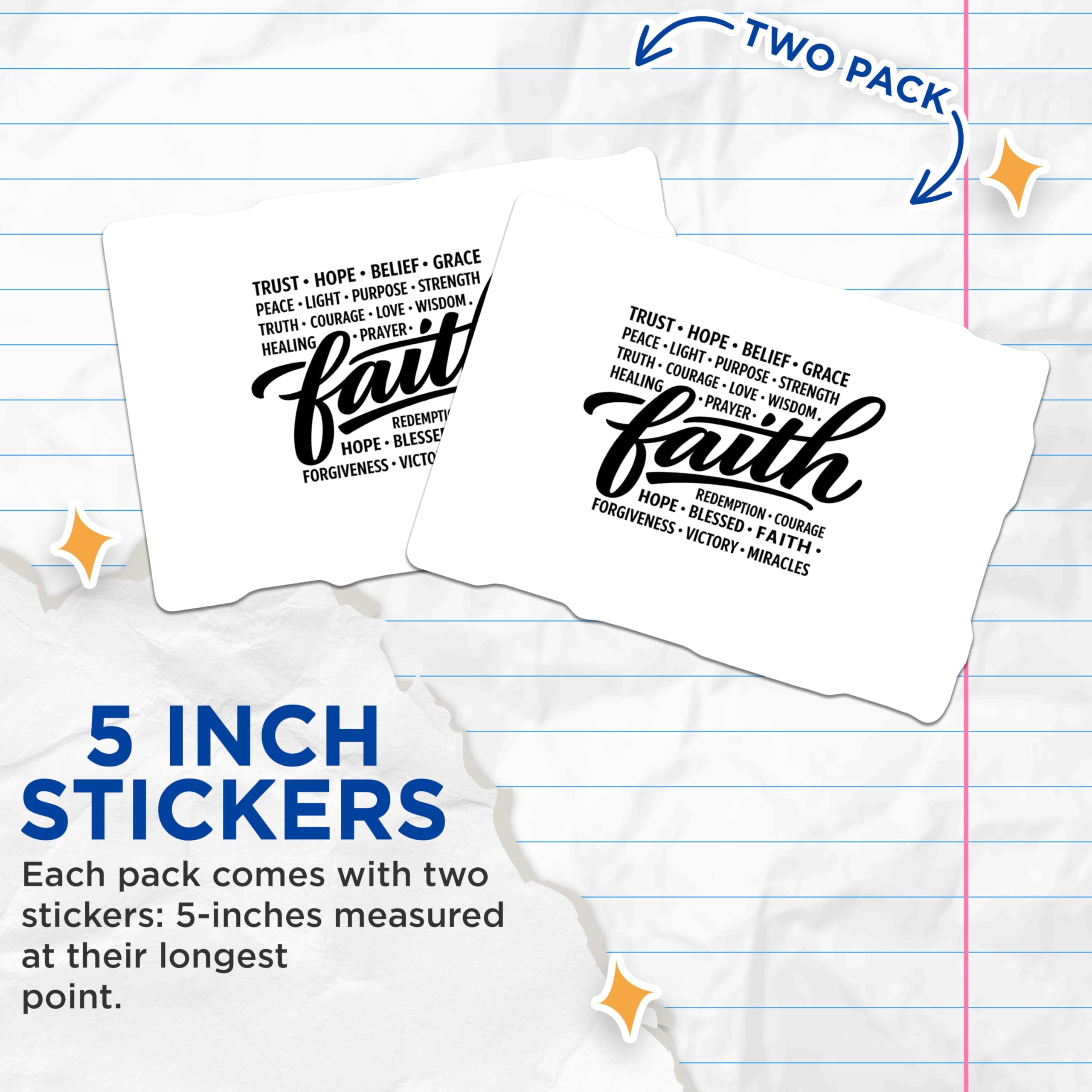 (2 Pack) Faith Stickers - Inspirational Christian Words - Hope Belief Prayer Decals - 5" On Longest Side - Sticks to Smooth Flat Surfaces - Made in USA - BMCS21825