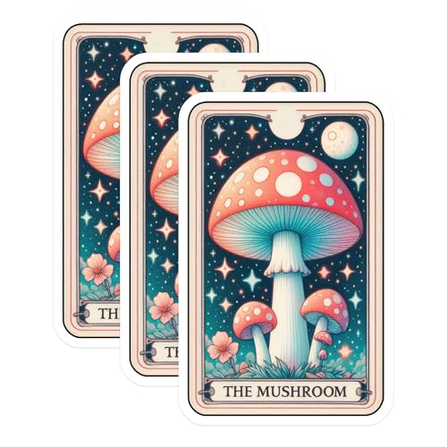 (3 Pack) Mushroom Tarot Card Decals - Magical Fungi Sticker - Whimsical Laptop Decal - 3 Inches On Longest Side - Easy Peel & Apply - Made in USA - 3MCS4228
