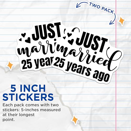 (2 Pack) Just Married 25 Years Ago Stickers - Anniversary Stickers - Love and Celebration Stickers - 5" On Longest Side - Sticks to Smooth Flat Surfaces - Made in USA - BMCS5120