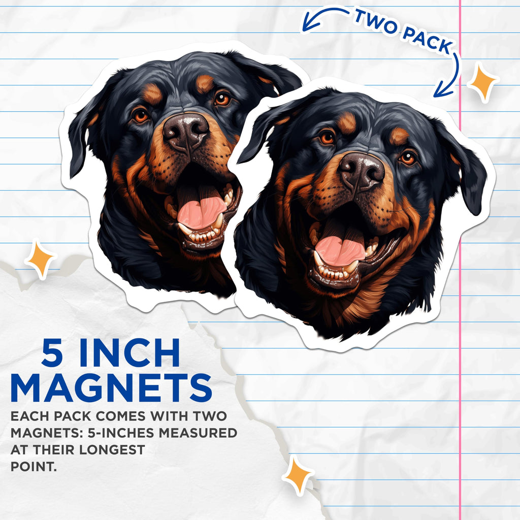 (2 Pack) Happy Rottweiler Magnets - Smiling Dog Portrait - Rottie Owner Appreciation - Pet Lover Decor - 5 Inches On Longest Side - Thick Durable Magnet - Made in USA - MAG28741