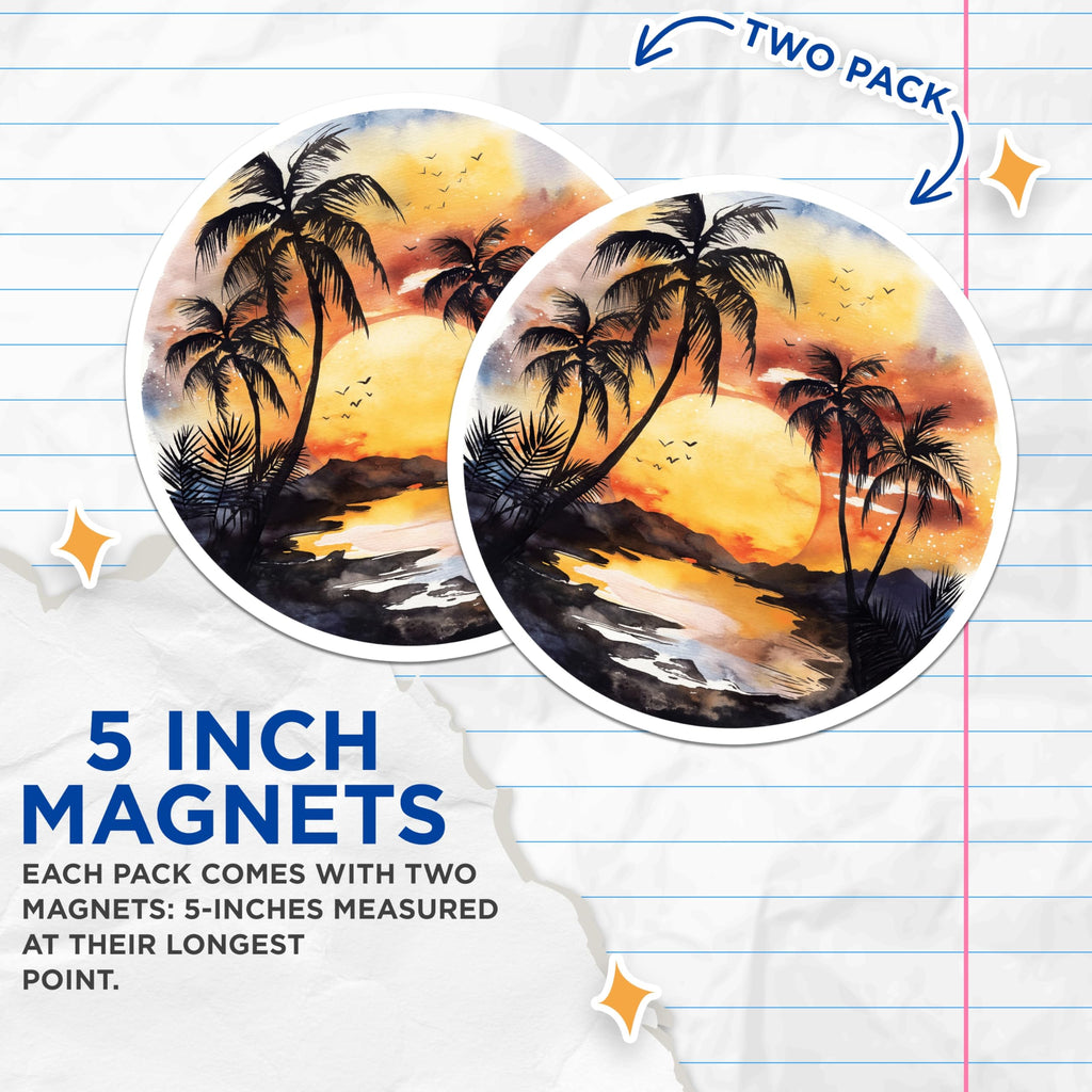 (2 Pack) Tropical Sunset Magnets - Palm Tree Beach Scenery - Exotic Coastal Landscape - Vacation Vibes Decor - 5 Inches On Longest Side - Thick Durable Magnet - Made in USA - MAG19807