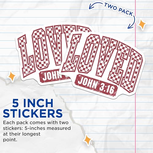 (2 Pack) Loved John 3:16 Stickers - Checkered Love - Faith-Based Decal - 5" On Longest Side - Sticks to Smooth Flat Surfaces - Made in USA - BMCS8957