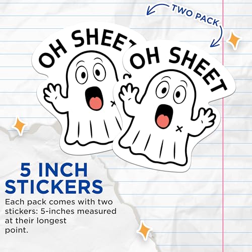 (2 Packs) Oh Sheet Funny Ghost Pun Stickers - Halloween Inspired Ghoul Decals - 5 Inches On Longest Side - Premium Vinyl Decal - Sticks to Any Smooth Flat Surface - Made in USA - BMCS2309
