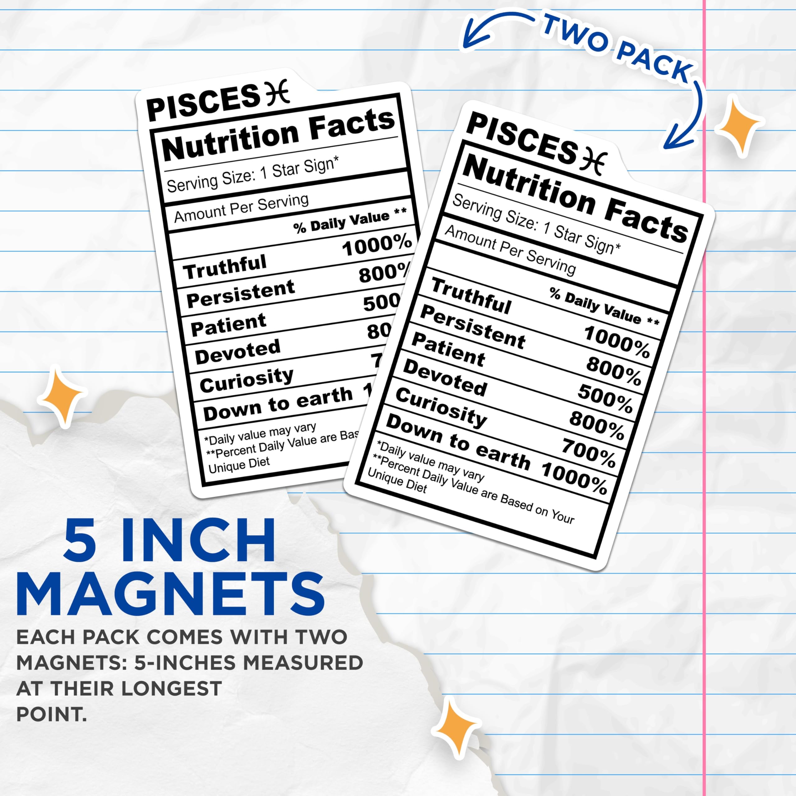 (2 Pack) Pisces Magnets - Zodiac Sign - Nutrition Facts - Horoscope Fridge Art - 5" On Longest Side - Premium Magnet - for Cars, Refrigerators, Toolboxes, Lockers - Made in USA - MAG14685