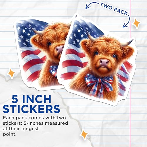 (2 Pack) Cute Highland Cow Stickers - American Flag - Patriotic Animal Decals - 5" On Longest Side - Sticks to Smooth Flat Surfaces - Made in USA - BMCS6374