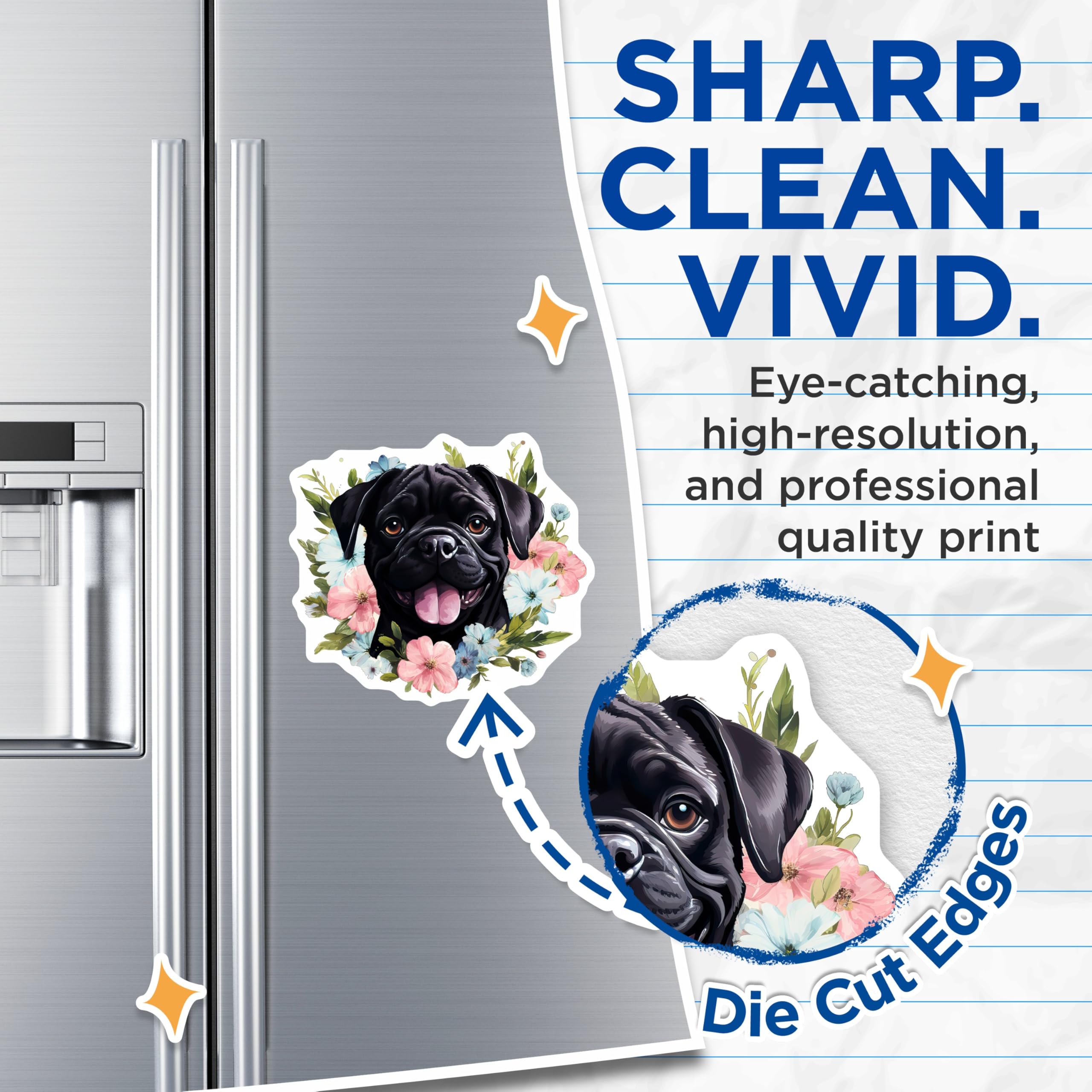 (2 Pack) Black Pug Dog Magnets - Floral Pug Decor - Cute Dog Mom Pet Lover Magnets - 5 Inches On Longest Side - Thick Durable Magnet - Made in USA - MAG29059