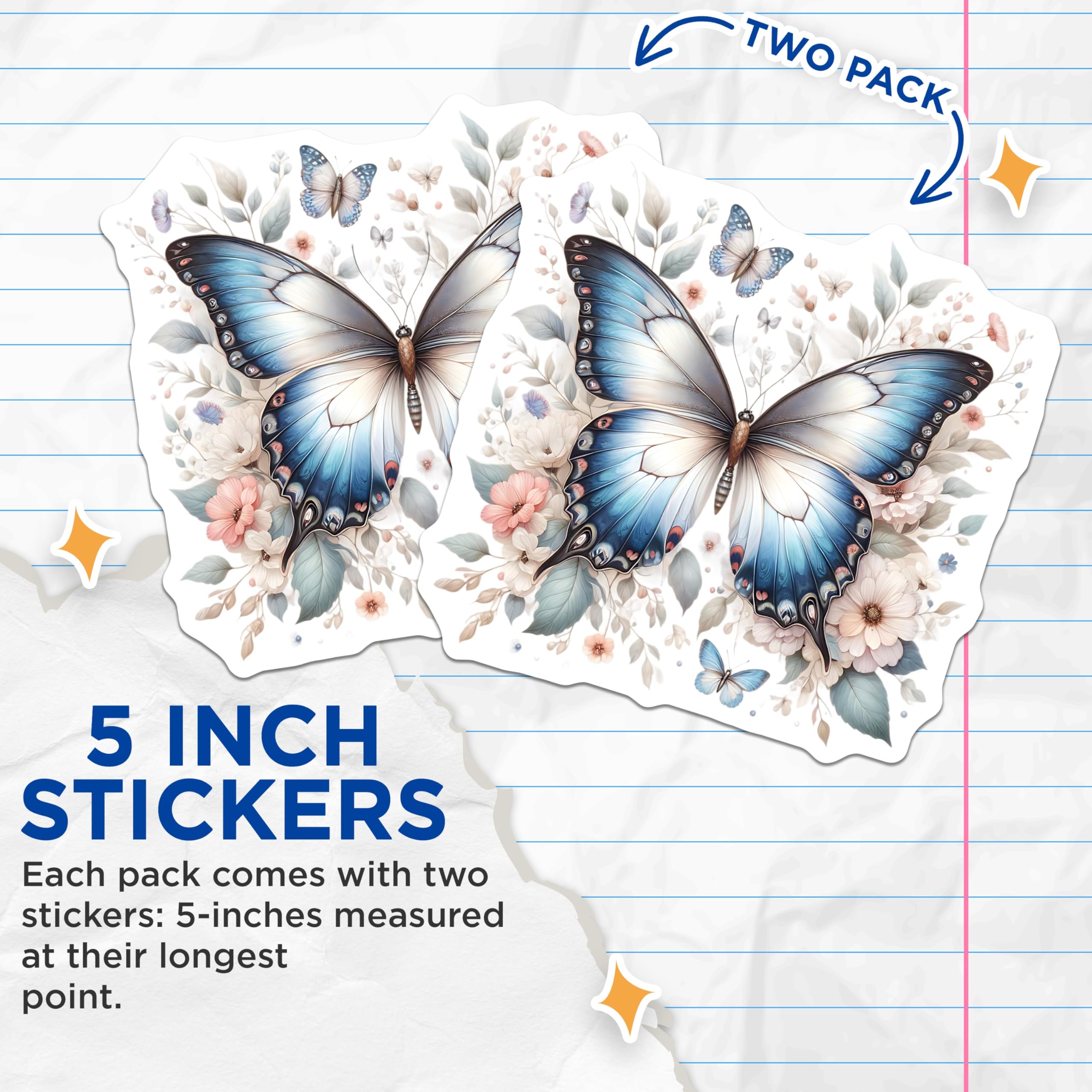 (2 Pack) Butterfly Stickers - Floral Butterfly - Insect Stickers - Decorative Stickers - 5" On Longest Side - Sticks to Smooth Flat Surfaces - Made in USA - BMCS15054