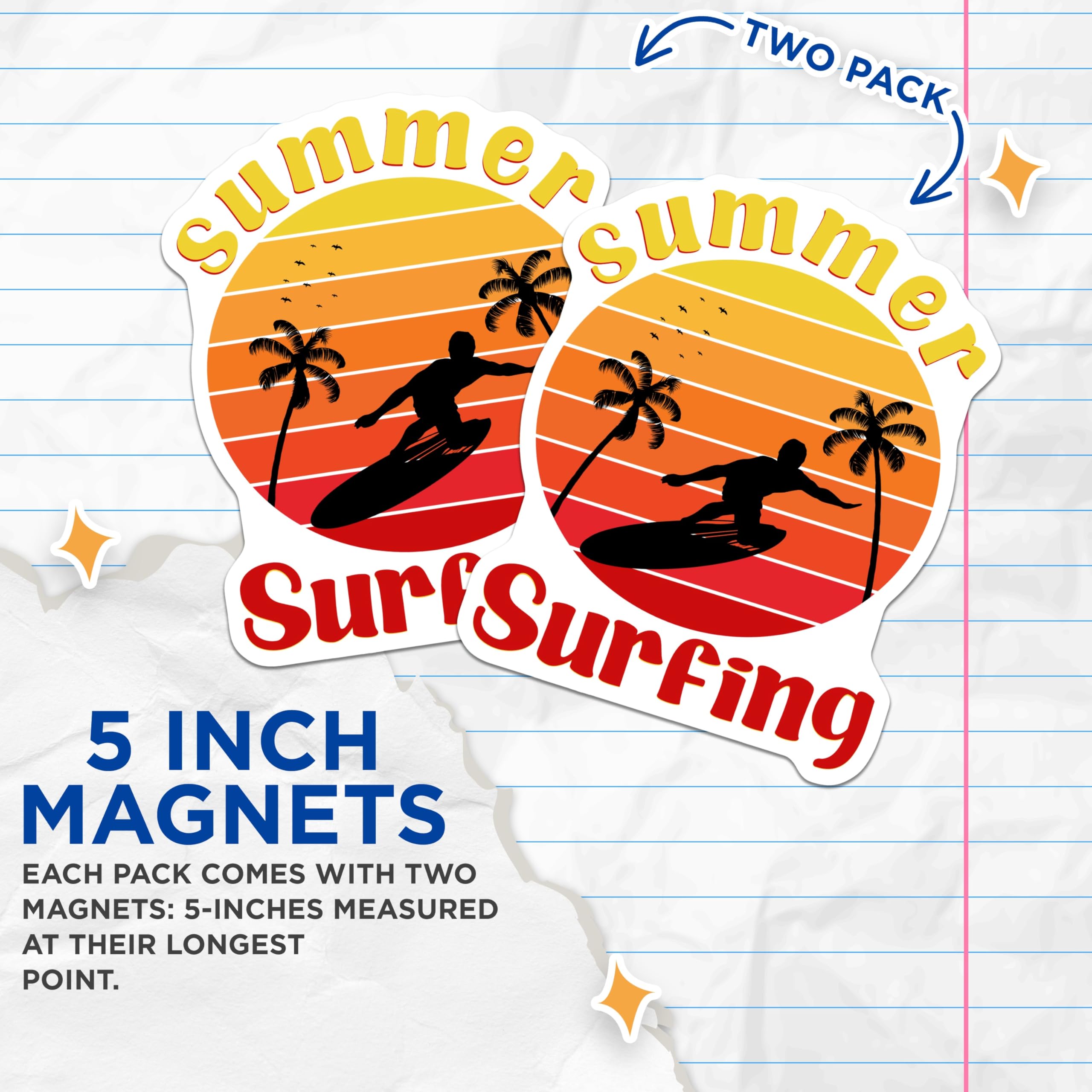 (2 Pack) Summer Surfing Magnets - Retro Sunset Surfer Silhouette - Tropical Palm Tree Ocean Beach Scene Decor - 5 Inches On Longest Side - Thick Durable Magnet - Made in USA - MAG21422