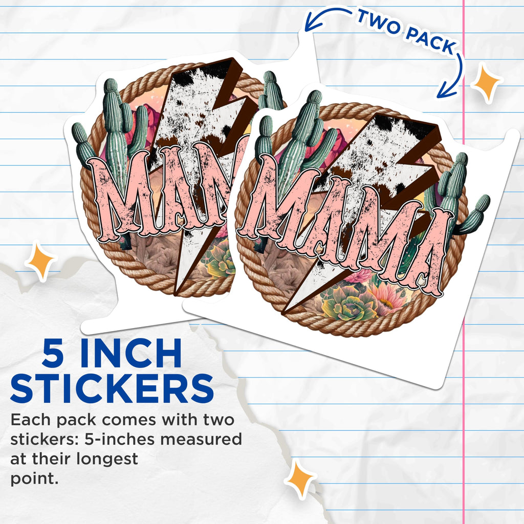 (2 Pack) Mama Stickers - Cactus Lightning Bolt - Boho Retro Mama Decals - 5" On Longest Side - Sticks to Smooth Flat Surfaces - Made in USA - BMCS6176