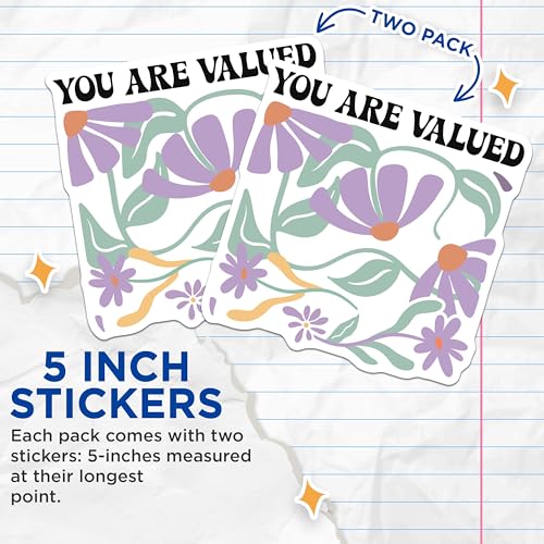 (2 Pack) You are Valued Stickers - Inspirational Quote Stickers - Flower Design Motivational Stickers - 5" On Longest Side - Sticks to Smooth Flat Surfaces - Made in USA - BMCS3830