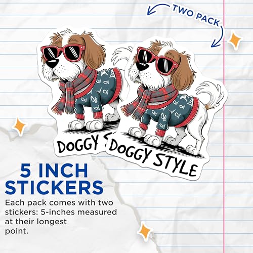 (2 Pack) Doggy Style Stickers - Cute Dog with Sunglasses - Animal Lover Pack - 5" On Longest Side - Sticks to Smooth Flat Surfaces - Made in USA - BMCS7628