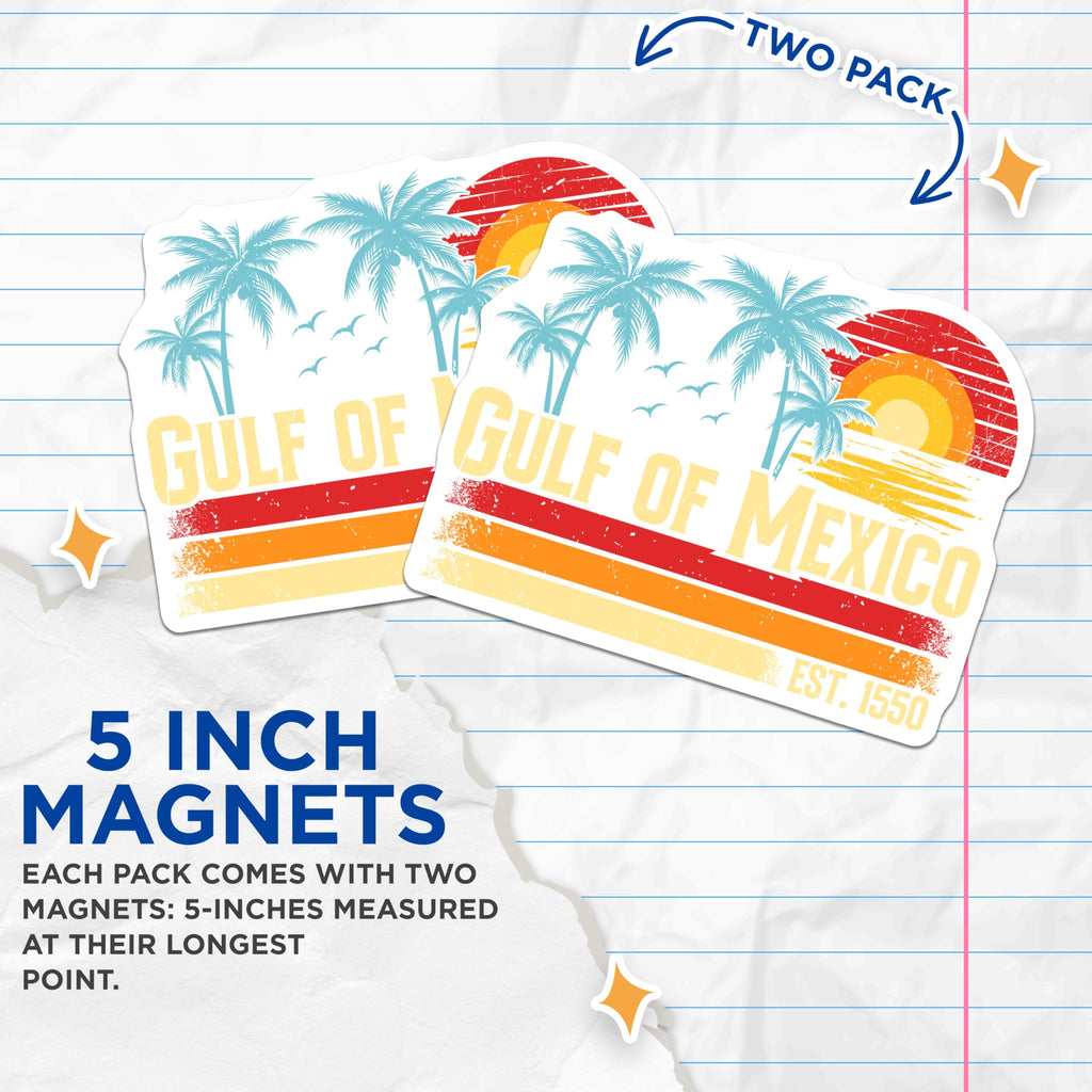 (2 Pack) Gulf of Mexico Magnets - Retro Beach Decor - Palm Tree Magnets Fridge Magnets - 5" On Longest Side - Premium Magnet - for Cars, Refrigerators, Toolboxes, Lockers - Made in USA - MAG17449