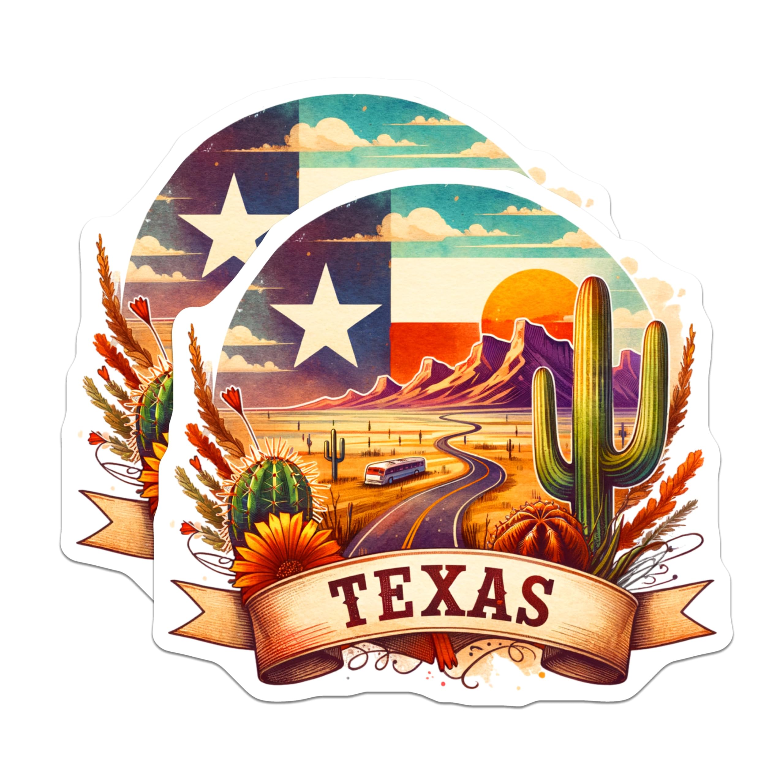 (2 Pack) Texas Pride Stickers - Southwestern Scenic Graphics - Cactus and Desert Landscape Decals - 5" On Longest Side - Sticks to Smooth Flat Surfaces - Made in USA - BMCS7121