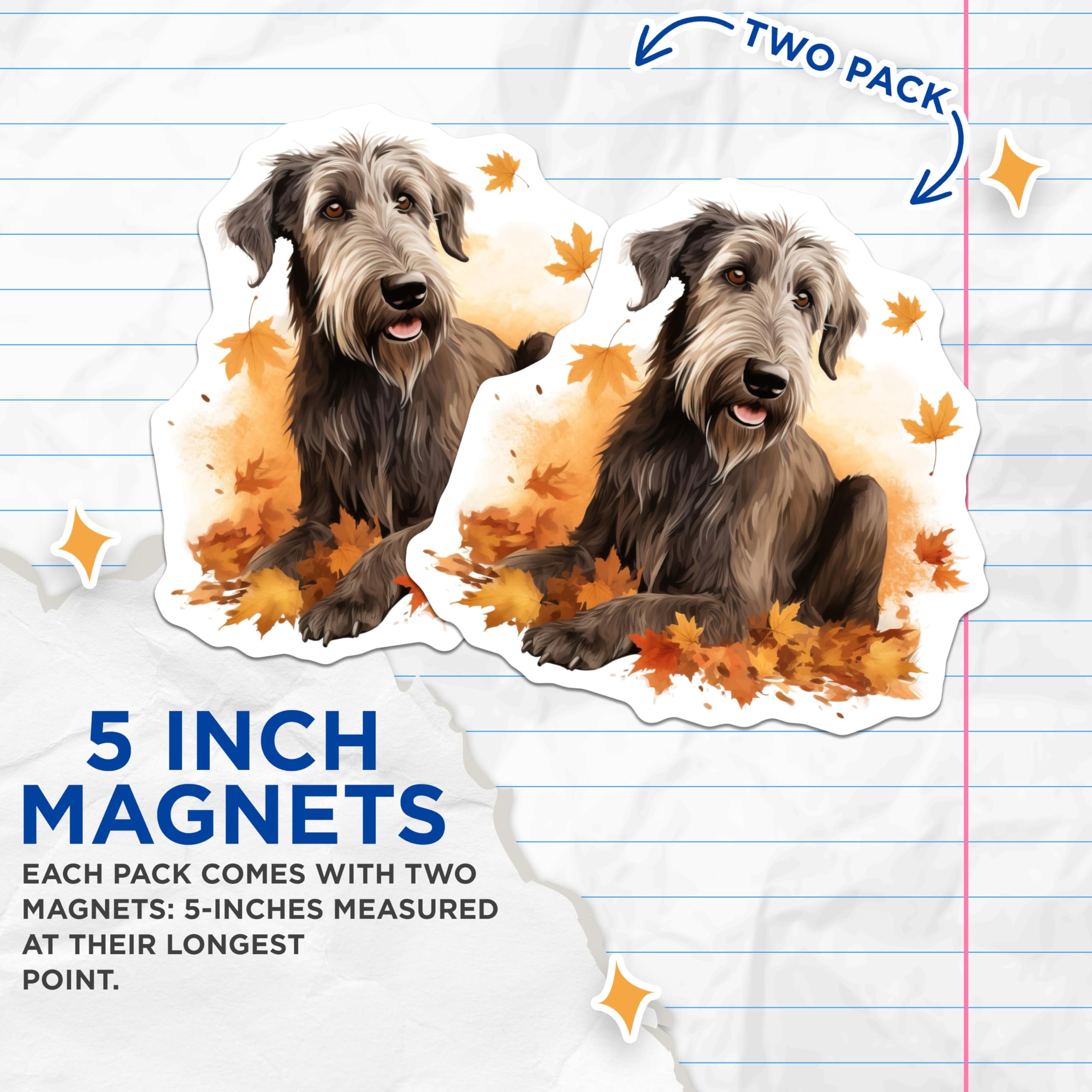 (2 Pack) Irish Wolfhound Magnets - Cozy Autumn Dog - Fall Season Pet Artwork - Animal Enthusiast Refrigerator Decor - 5 Inches On Longest Side - Thick Durable Magnet - Made in USA - MAG23797