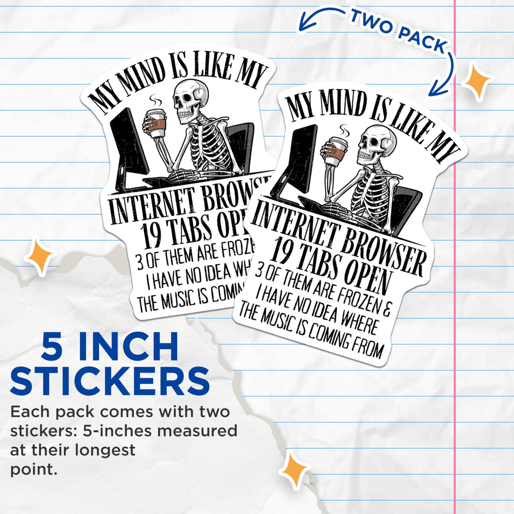 (2 Pack) Funny Skeleton Coffee Stickers - Hilarious IT Humor Stickers - Computer Geek Stickers - 5" On Longest Side - Sticks to Any Smooth Flat Surface - Made in USA - BMCS3426