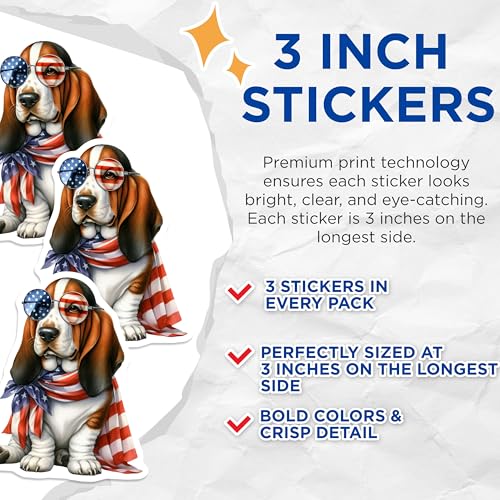 (3 Pack) Patriotic Basset Hound Decals - American Flag Dog - Laptop Decal- 3 Inches On Longest Side - Easy Peel & Apply - Made in USA - 3MCS5825