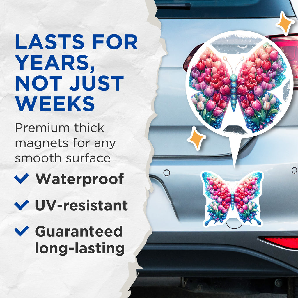 (2 Pack) Tulip Butterfly Magnets - Floral Spring Decor - Aesthetic Fridge Locker Office Art - 5 Inches On Longest Side - Thick Durable Magnet - Made in USA - MAG38596