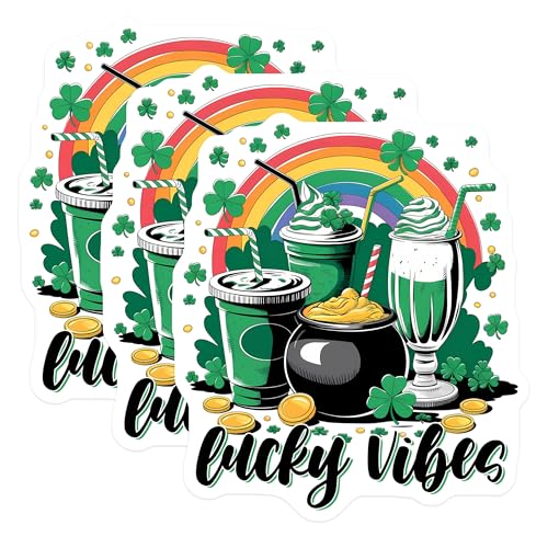 (3 Pack) St Patricks Day Decals - Lucky Vibes Clover - Rainbow Drinks Laptop Decal - 3 Inches On Longest Side - Easy Peel & Apply - Made in USA - 3MCS7159