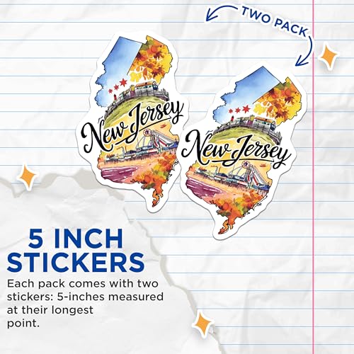 (2 Pack) New Jersey State Stickers - Travel Decal - Adventure Graphic - 5" On Longest Side - Sticks to Smooth Flat Surfaces - Made in USA - BMCS6314