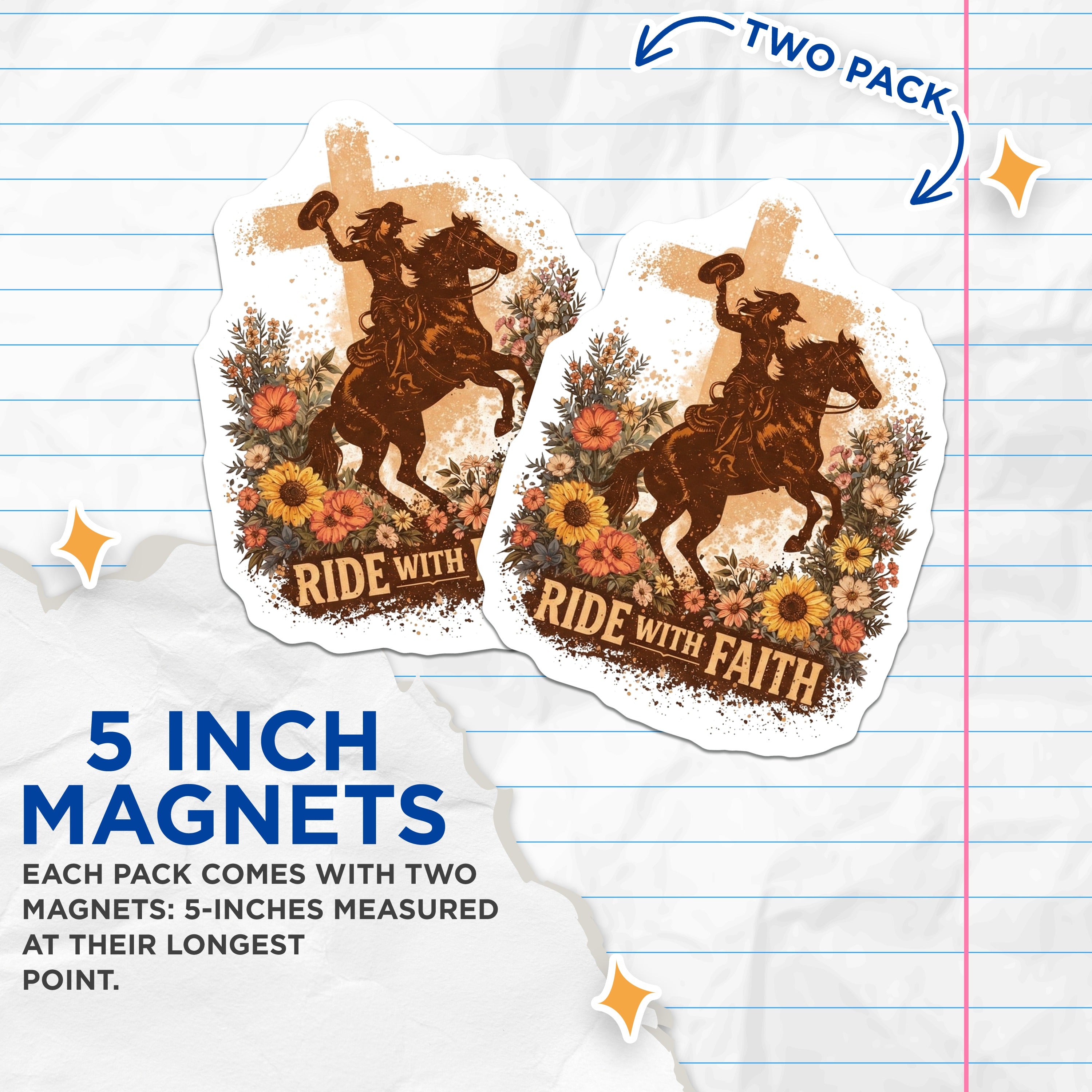 (2 Pack) Ride with Faith Magnets - Cowgirl Horse Christian Decor - Western Inspirational Boho Country - 5 Inches On Longest Side - Thick Durable Magnet - Made in USA - MAG37784