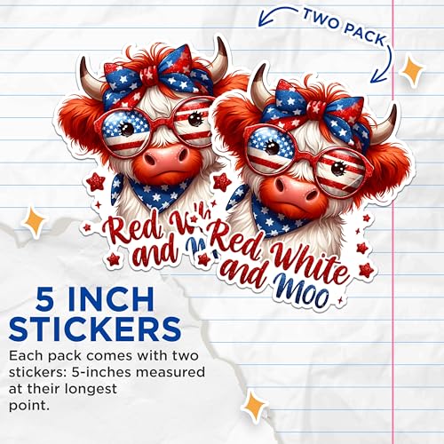 (2 Pack) Red White and Moo Stickers - Patriotic Cow Stickers - USA Flag Animal Stickers - 5" On Longest Side - Sticks to Any Smooth Flat Surface - Made in USA - BMCS2718