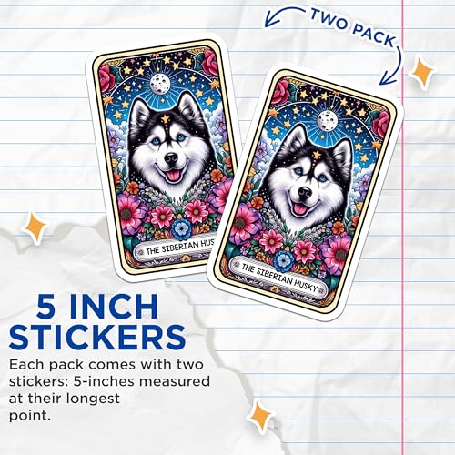 (2 Pack) Siberian Husky Stickers - Husky Dog Art Stickers - Floral Animal Art Stickers - Moon and Stars Dog Stickers - 5" On Longest Side - Sticks to Smooth Flat Surfaces - Made in USA - BMCS5308