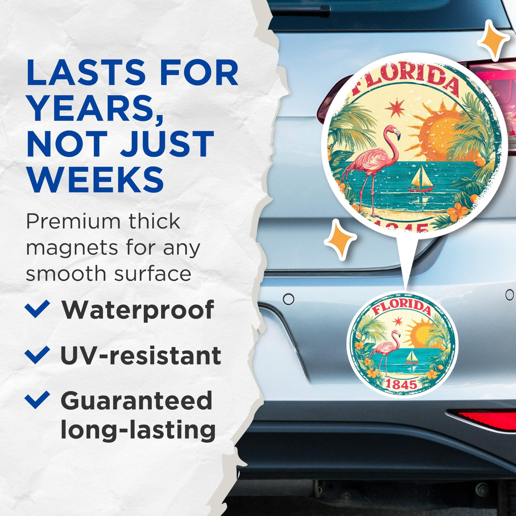 (2 Pack) Florida State Seal Magnets - Flamingo Art - Retro Travel Magnets - 5" On Longest Side - Premium Magnet - for Cars, Refrigerators, Toolboxes, Lockers - Made in USA - MAG15976