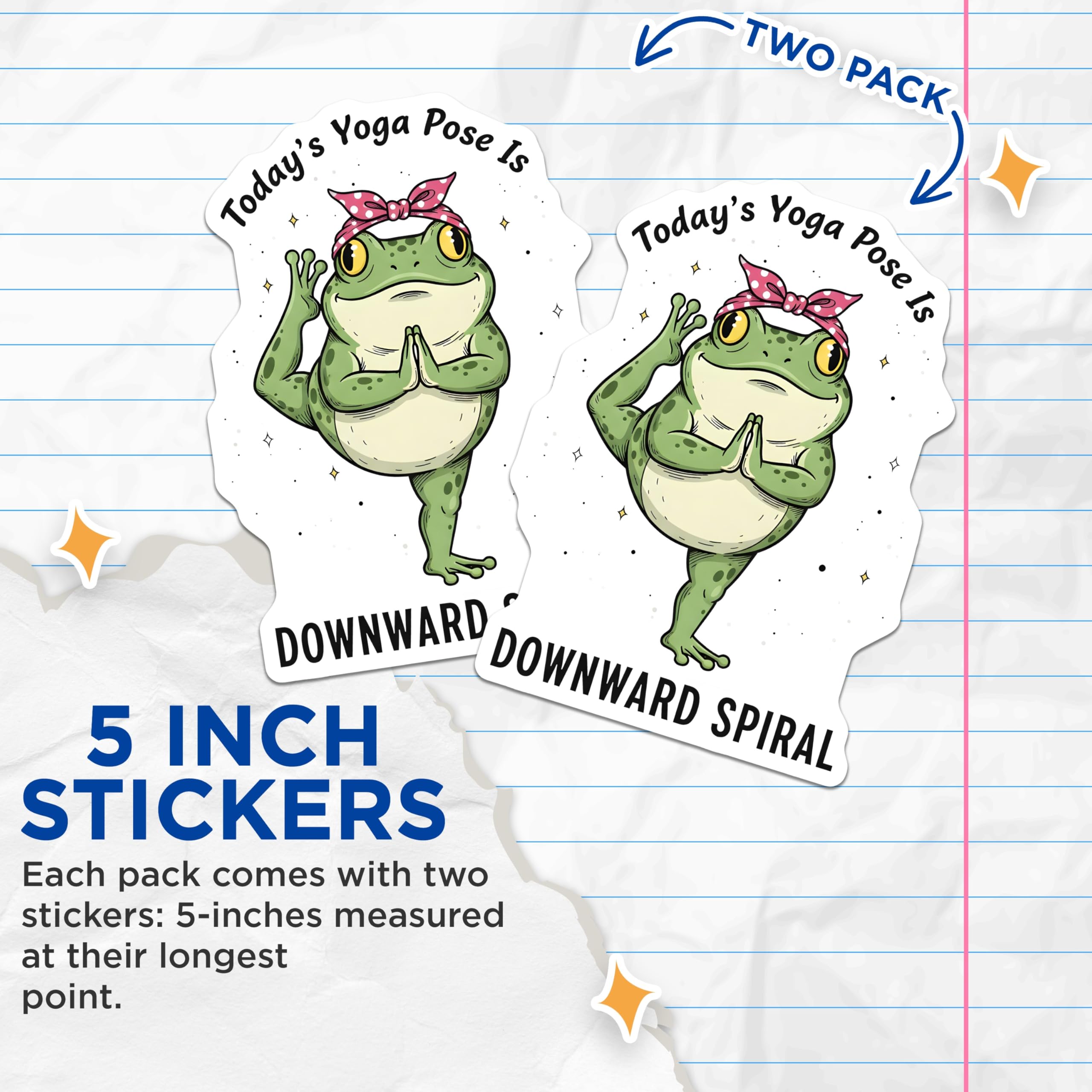 (2 Pack) Yoga Frog Stickers - Downward Spiral Pose - Funny Animal Stickers - 5" On Longest Side - Sticks to Smooth Flat Surfaces - Made in USA - BMCS15963