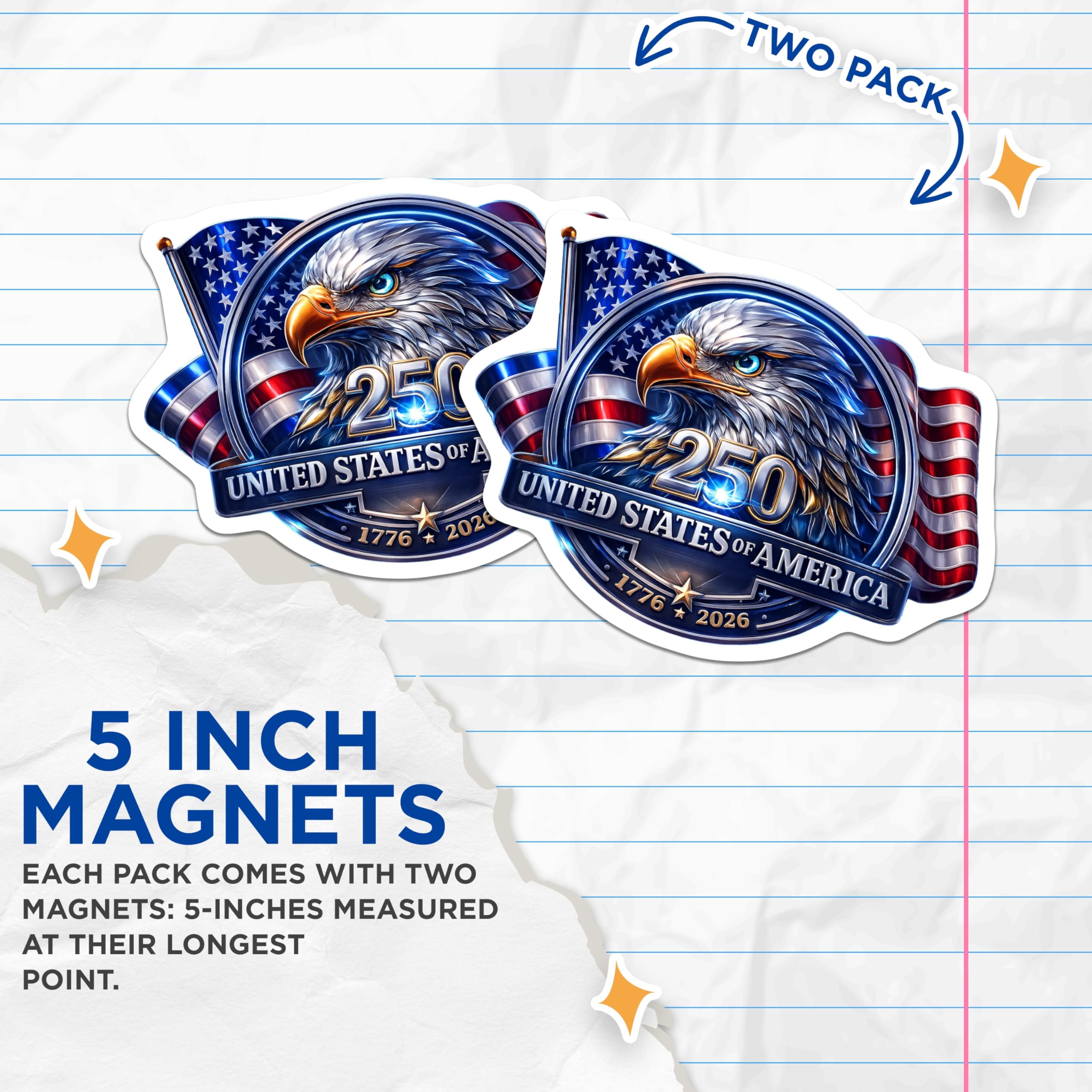 (2 Pack) American Bald Eagle Magnets - USA 250th Anniversary Celebration - Patriotic Flag Decor 1776-2026 Bicentennial - 5 Inches On Longest Side - Thick Durable Magnet - Made in USA - MAG258