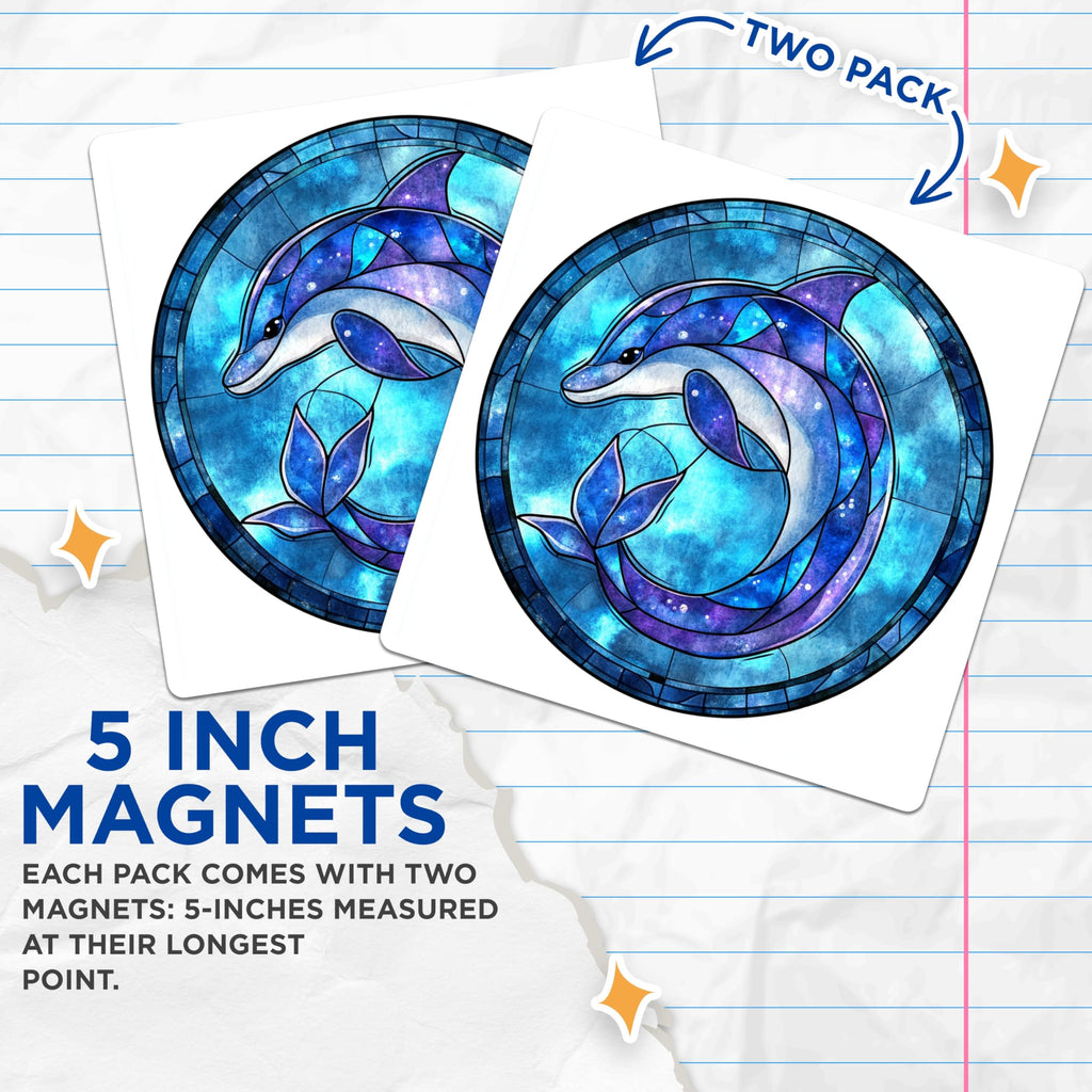 (2 Pack) Stained Glass Dolphin Magnets - Celestial Ocean Animal Refrigerator Decor - Whimsical Marine Life Art - 5 Inches On Longest Side - Thick Durable Magnet - Made in USA - MAG30335