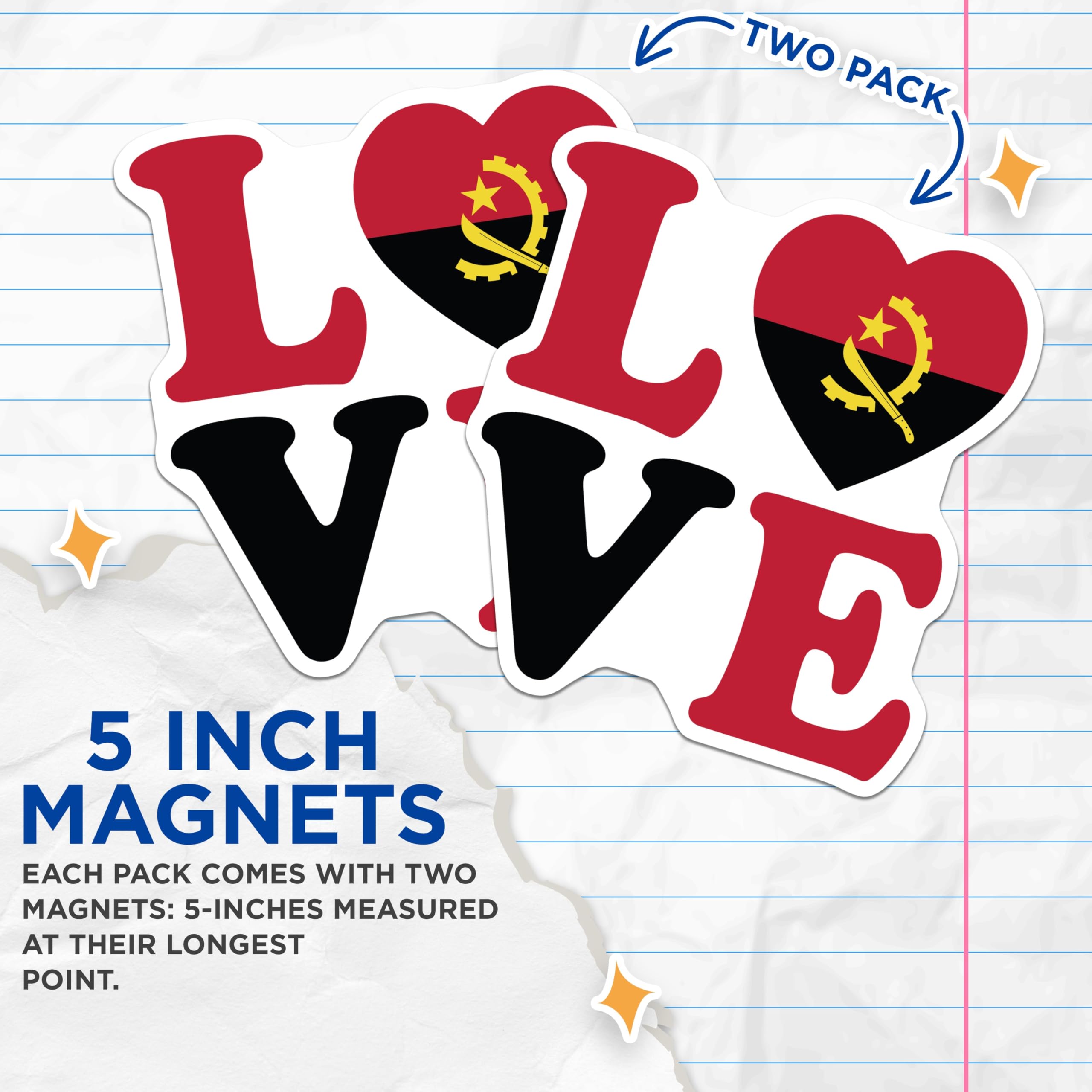 (2 Pack) Angola Flag Magnets - I Love Angola Decor - Angolan Pride Souvenir - 5" On Longest Side - Premium Magnet - for Cars, Refrigerators, Toolboxes, Lockers - Made in USA - MAG17350