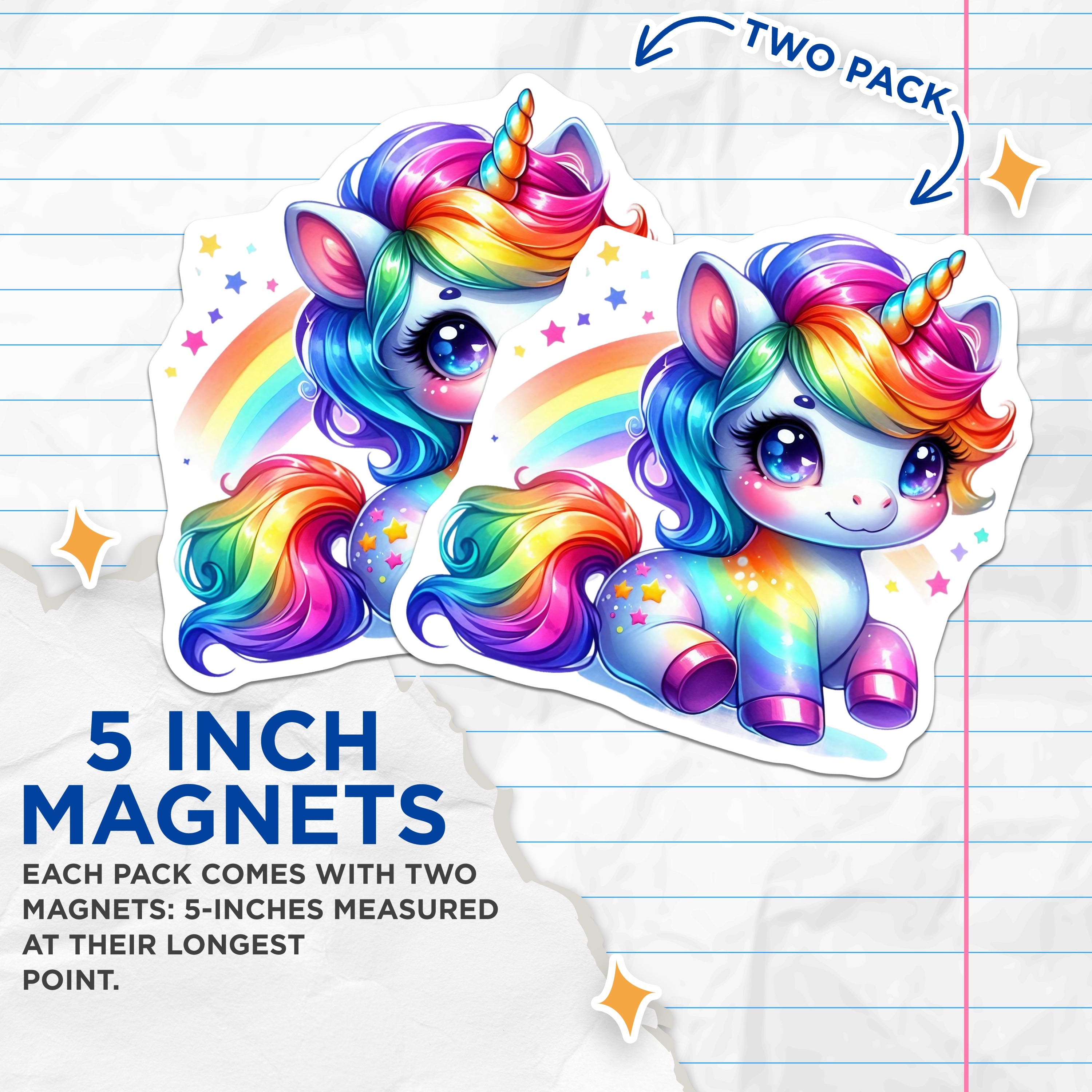 (2 Pack) Cute Rainbow Unicorn Magnets - Kawaii Fantasy Decor - Dreamy Magical Accent for Kids - 5 Inches On Longest Side - Thick Durable Magnet - Made in USA - MAG38689