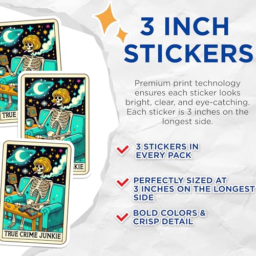 (3 Pack) True Crime Junkie Decals - Skeleton Lover Stickers - Spooky Season Decals - 3 Inches On Longest Side - Easy Peel & Apply - Made in USA - 3MCS4292