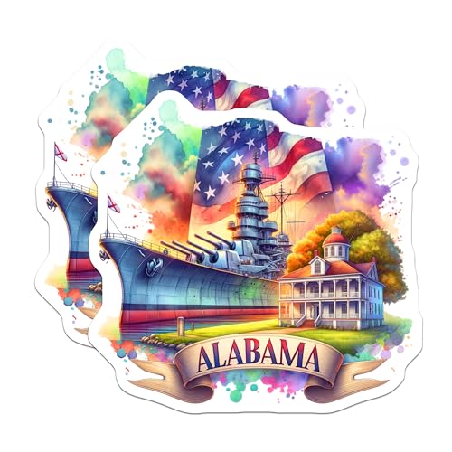 (2 Pack) Alabama State Pride Stickers - USS Alabama Battleship - American Flag - 5" On Longest Side - Sticks to Smooth Flat Surfaces - Made in USA - BMCS7115