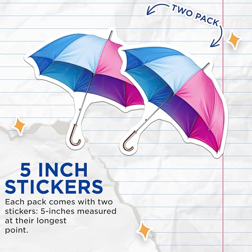 (2 Pack) Colorful Umbrella Stickers - Weather Stickers - Rainy Day Stickers - 5" On Longest Side - Sticks to Smooth Flat Surfaces - Made in USA - BMCS6456