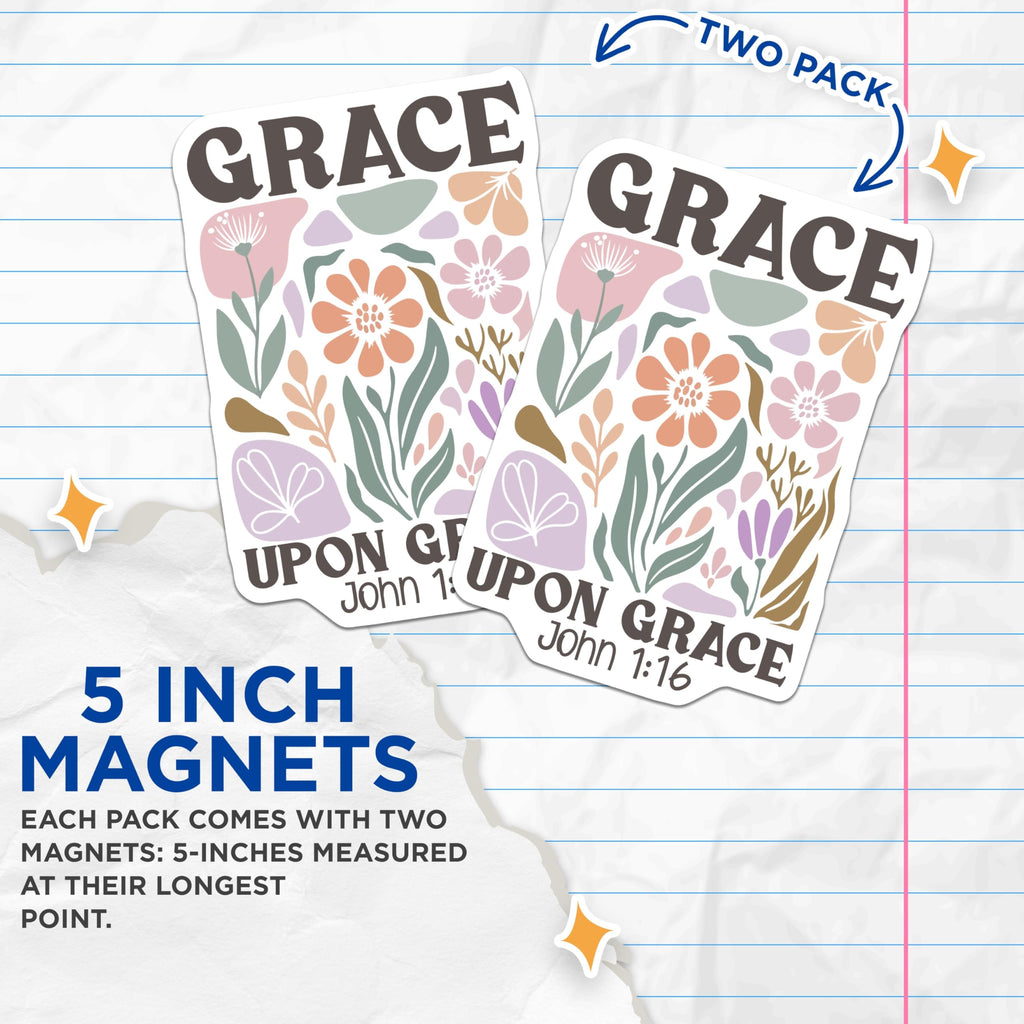 (2 Pack) Grace Magnets - Floral Verse - Boho Christian Fridge Decor - 5" On Longest Side - Premium Magnet - for Cars, Refrigerators, Toolboxes, Lockers - Made in USA - MAG16969