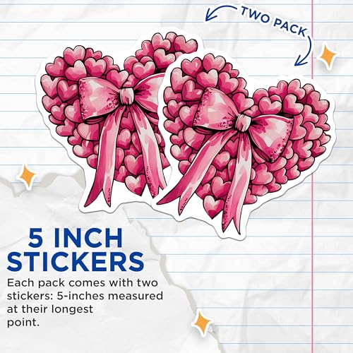 (2 Pack) Heart Bow Stickers - Cute Heart Stickers - Pink Bow Stickers - 5" On Longest Side - Sticks to Any Smooth Flat Surface - Made in USA - BMCS3607