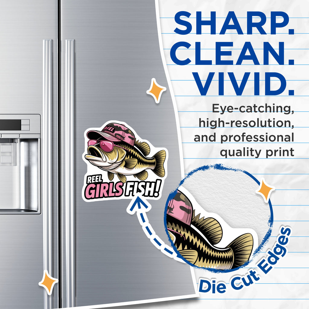 (2 Pack) Reel Girls Fish Magnets - Funny Bass Fishing Angler Lady - Fisherwoman Outdoor Enthusiast Design - 5 Inches On Longest Side - Thick Durable Magnet - Made in USA - MAG37923