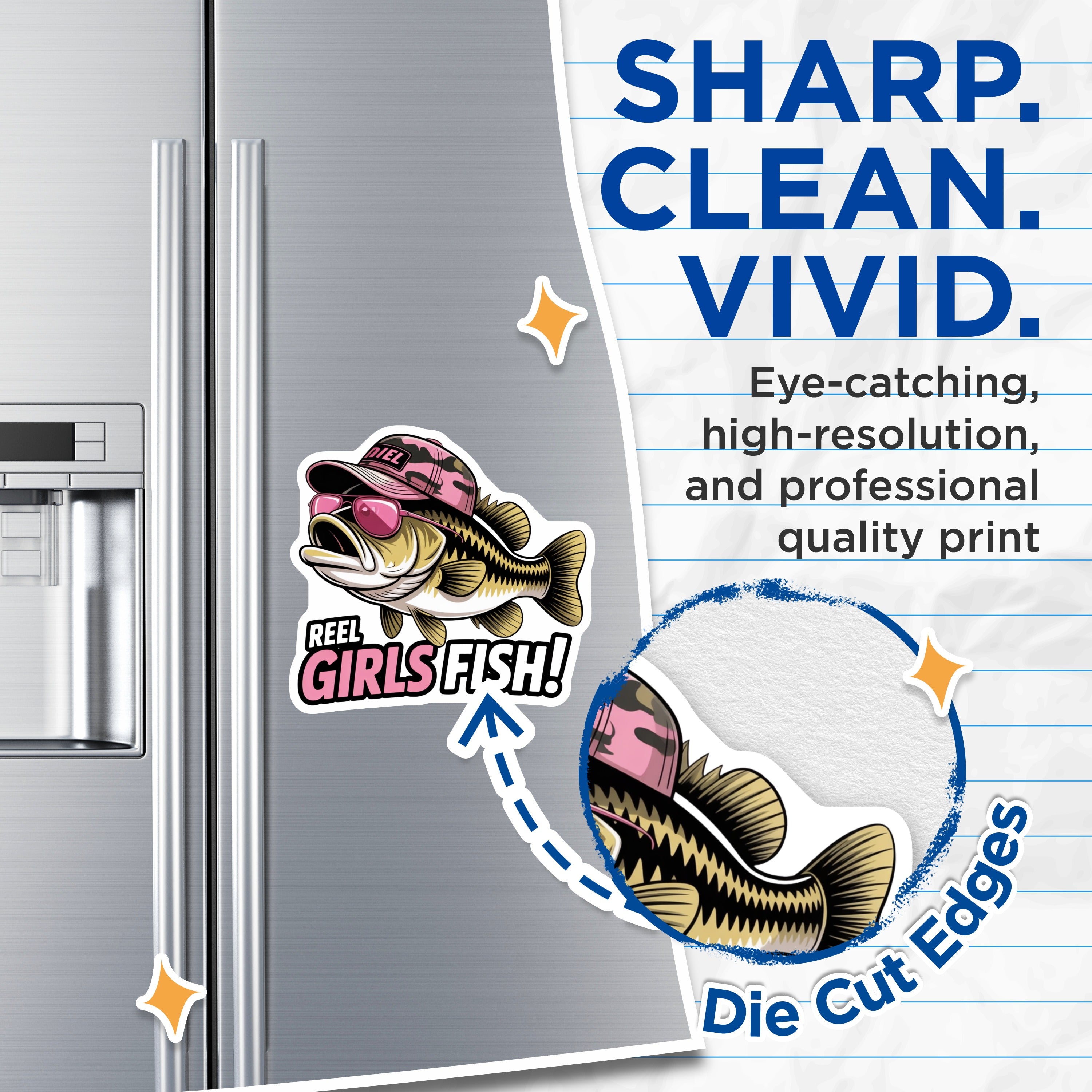 (2 Pack) Reel Girls Fish Magnets - Funny Bass Fishing Angler Lady - Fisherwoman Outdoor Enthusiast Design - 5 Inches On Longest Side - Thick Durable Magnet - Made in USA - MAG37923