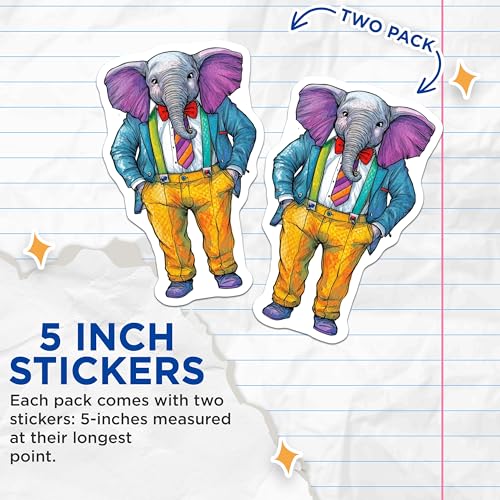 (2 Pack) Cute Elephant Stickers - Illustrated Animal - Fun Colorful Design - 5" On Longest Side - Sticks to Smooth Flat Surfaces - Made in USA - BMCS9509