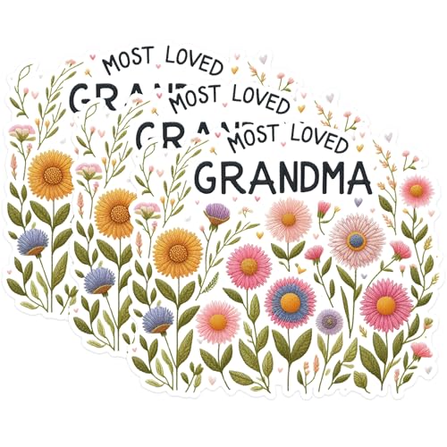 (3 Pack) Most Loved Grandma Decals - Floral Grandma Sticker - Grandmother Laptop Decal - 3 Inches On Longest Side - Easy Peel & Apply - Made in USA - 3MCS1427