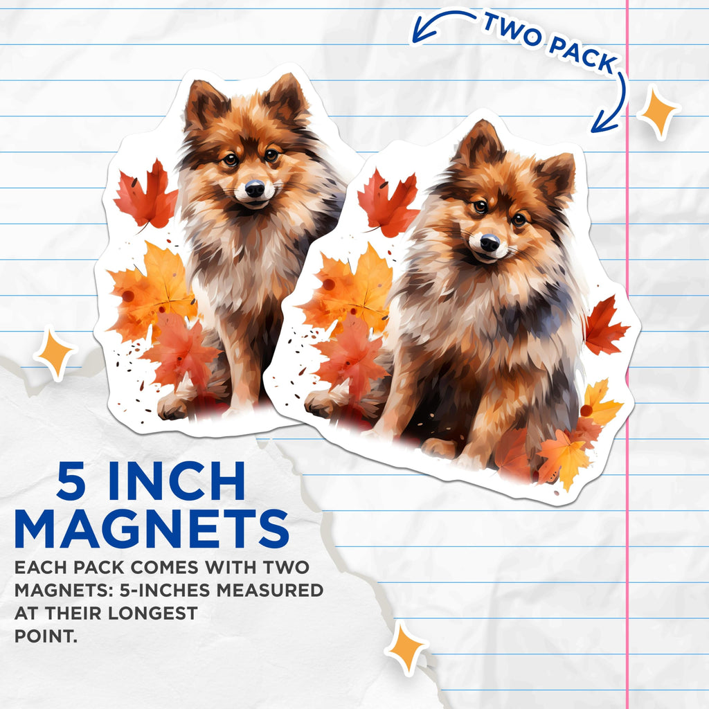 (2 Pack) Autumn Dog Magnets - Fluffy Pomeranian Pet Lover Refrigerator Magnets - Fall Leaves Dog Mom Decor - 5 Inches On Longest Side - Thick Durable Magnet - Made in USA - MAG27801