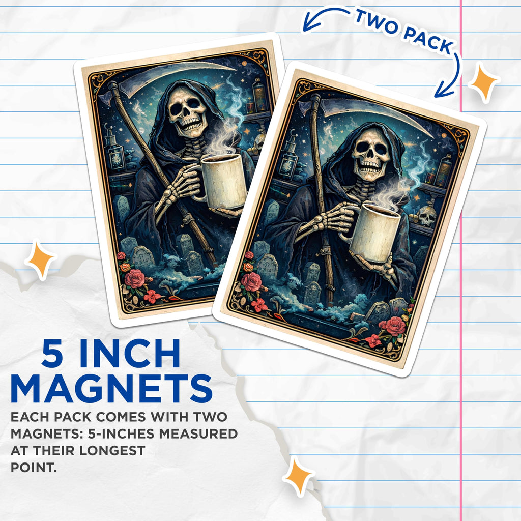 (2 Pack) Grim Reaper Coffee Magnets - Gothic Death Art - Spooky Kitchen Decor - 5" On Longest Side - Premium Magnet - for Cars, Refrigerators, Toolboxes, Lockers - Made in USA - MAG14723
