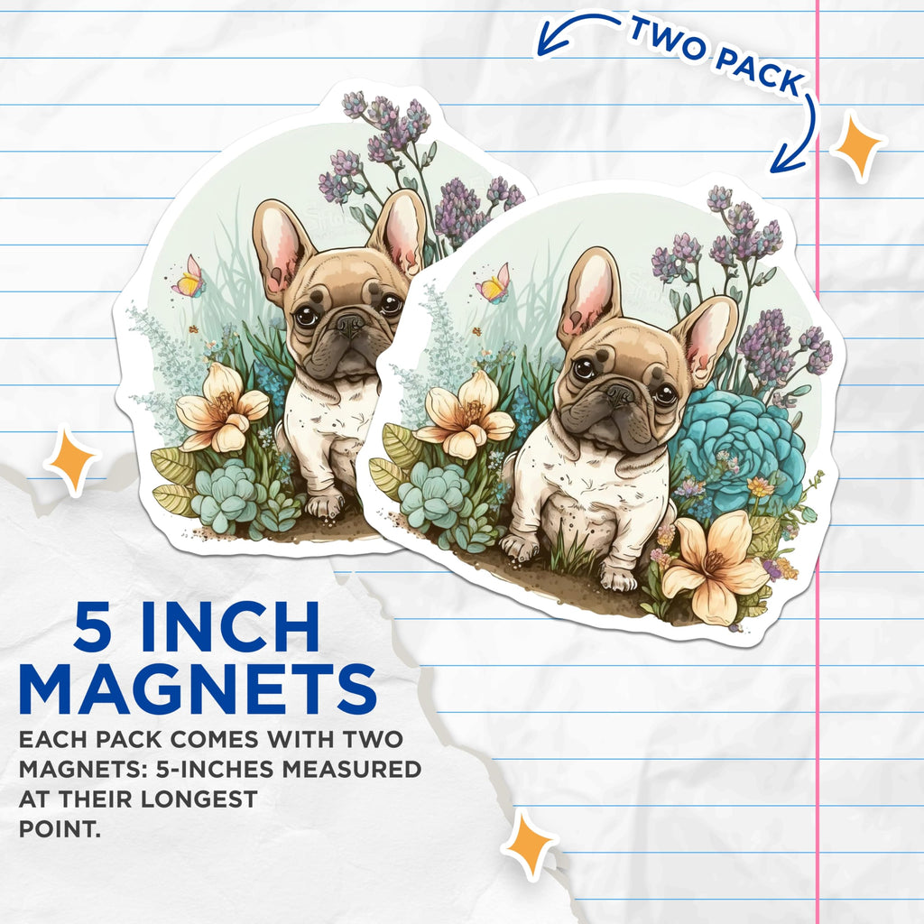 (2 Pack) French Bulldog Magnets - Cute Dog Breed Magnets - Floral Decor Magnets - 5" On Longest Side - Premium Magnet - for Cars, Refrigerators, Toolboxes, Lockers - Made in USA - MAG15388