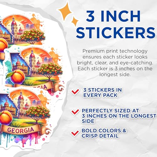 (3 Pack) Georgia Decals - Peach State Souvenir - Laptop Decal - Travel Sticker- 3 Inches On Longest Side - Easy Peel & Apply - Made in USA - 3MCS5660